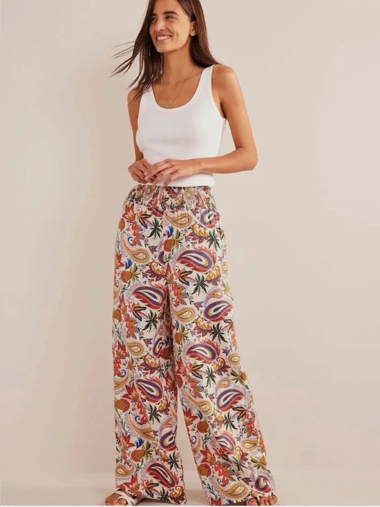 Boden Pants - Boden Wide-Leg Linen Pants Summer Paisley White Orange Multi Size 14